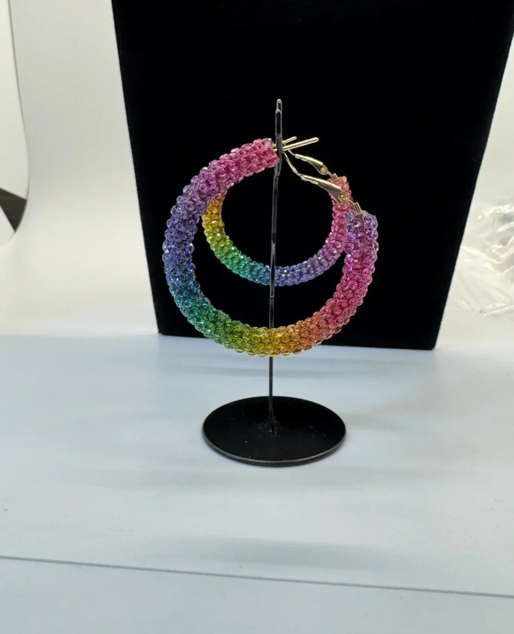 Rainbow Rhinestone Hoop Earrings Gold Tone Multicolor Statement Jewelry New